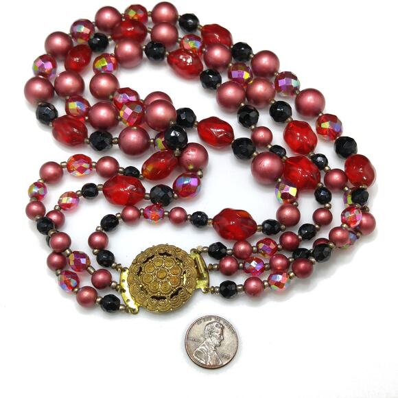 Germany Burgundy Red Beaded Necklace, Czech Glass Beads, 1950s Vintage Jewelry - Picture 5 of 10